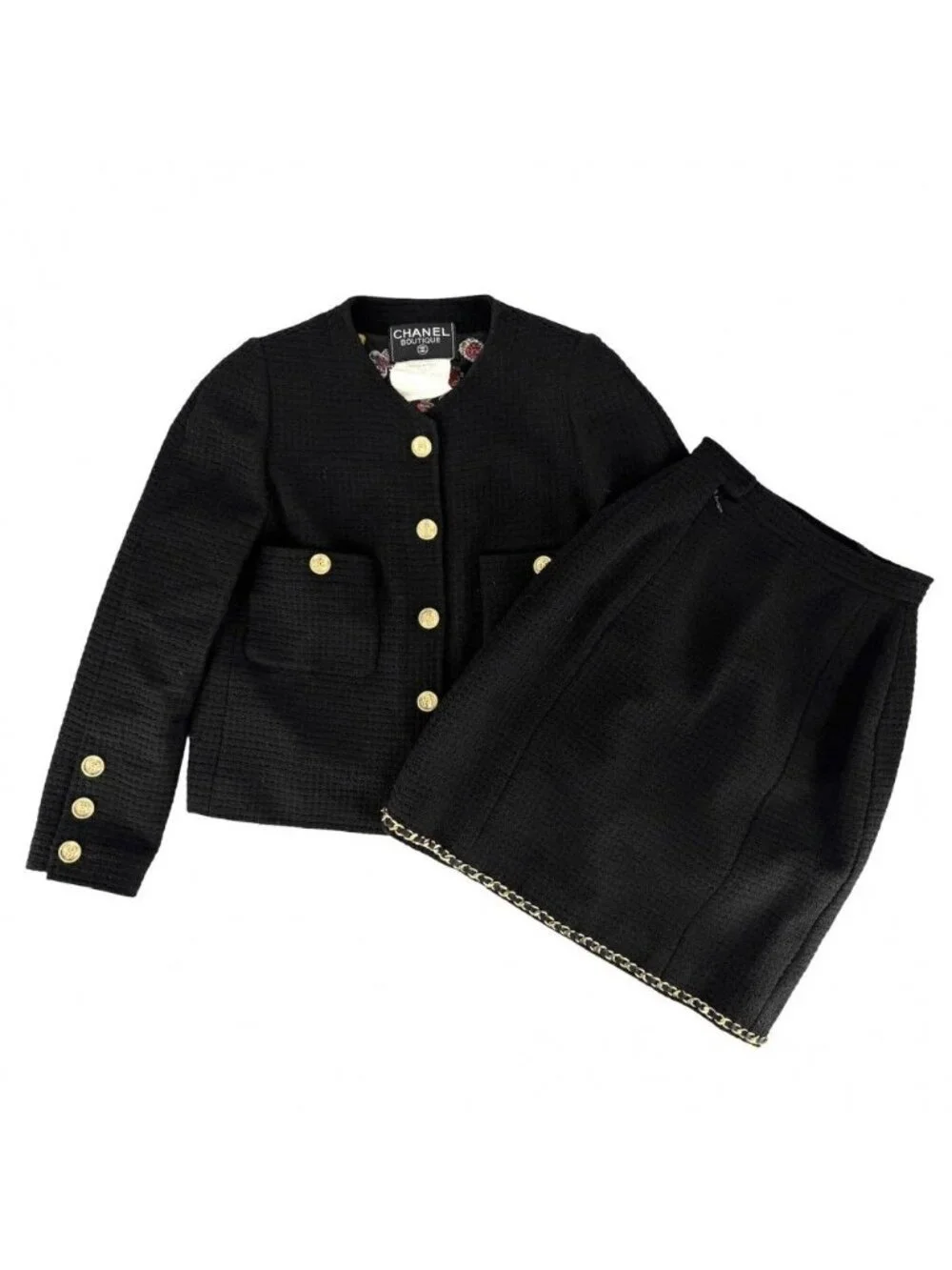 Chanel Set CC Logo Chain Collarless Jacket Skirt Vintage 38 Black Gold Wool